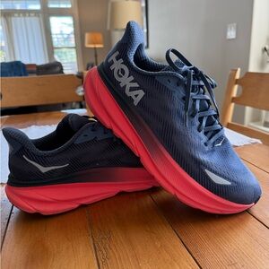 Hoka Women’s Clifton 9 Navy and Coral Athletic Shoes